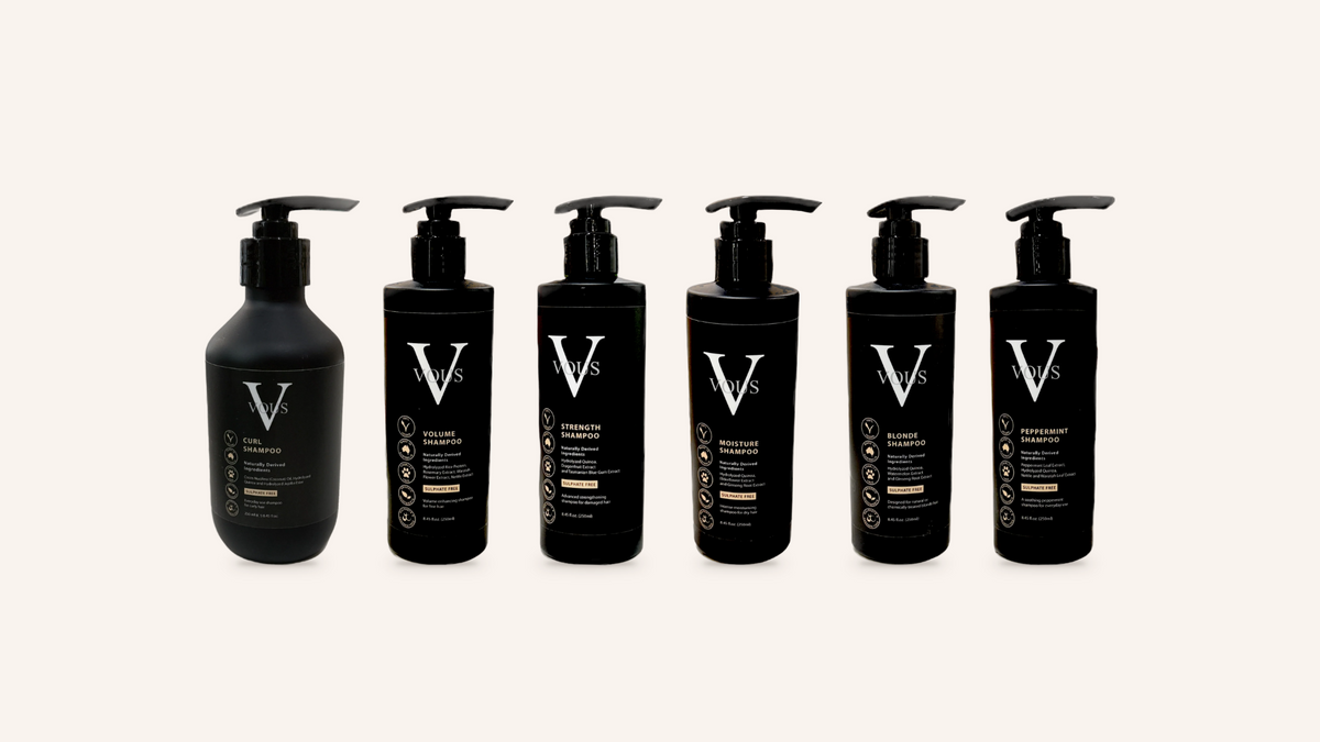 The six Vous Care shampoos in a row