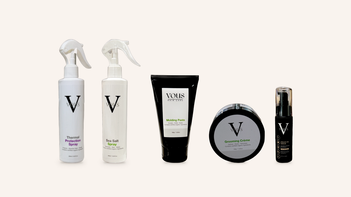Vous Care Thermal Protection Spray, Sea Salt Spray, Molding Paste, Grooming Crème and Argan Oil Serum
