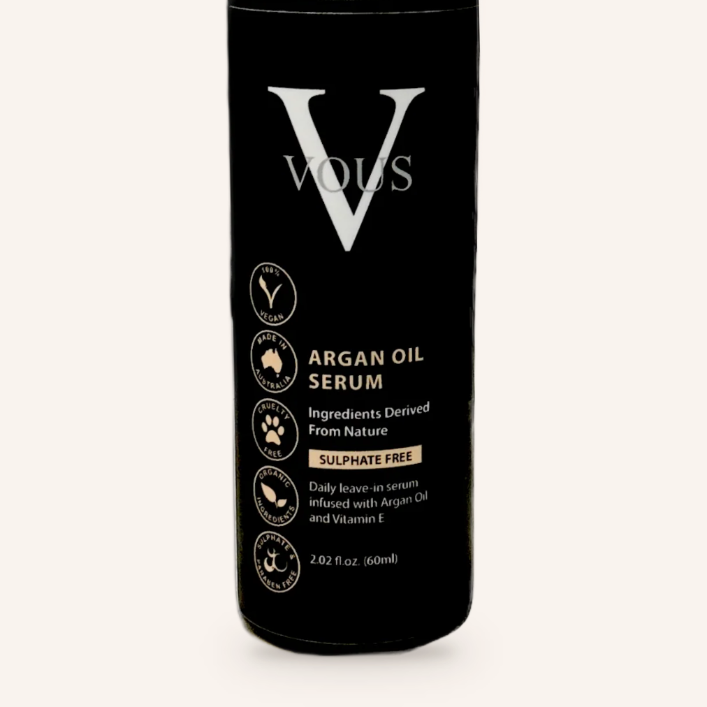 Close-up of the Vous Care Argan Oil Serum label