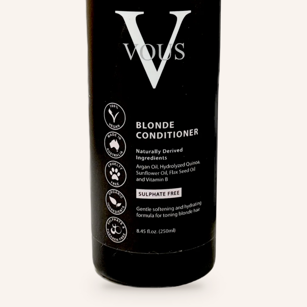 Close-up of the Vous Care Blonde Conditioner label