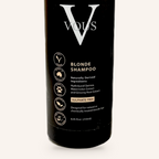 Close-up of the Vous Care Blonde Shampoo label