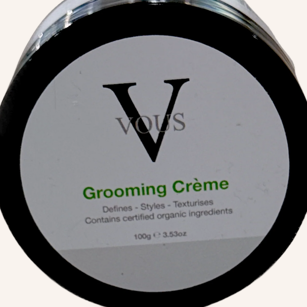 Close-up of the Vous Care Grooming Crème label