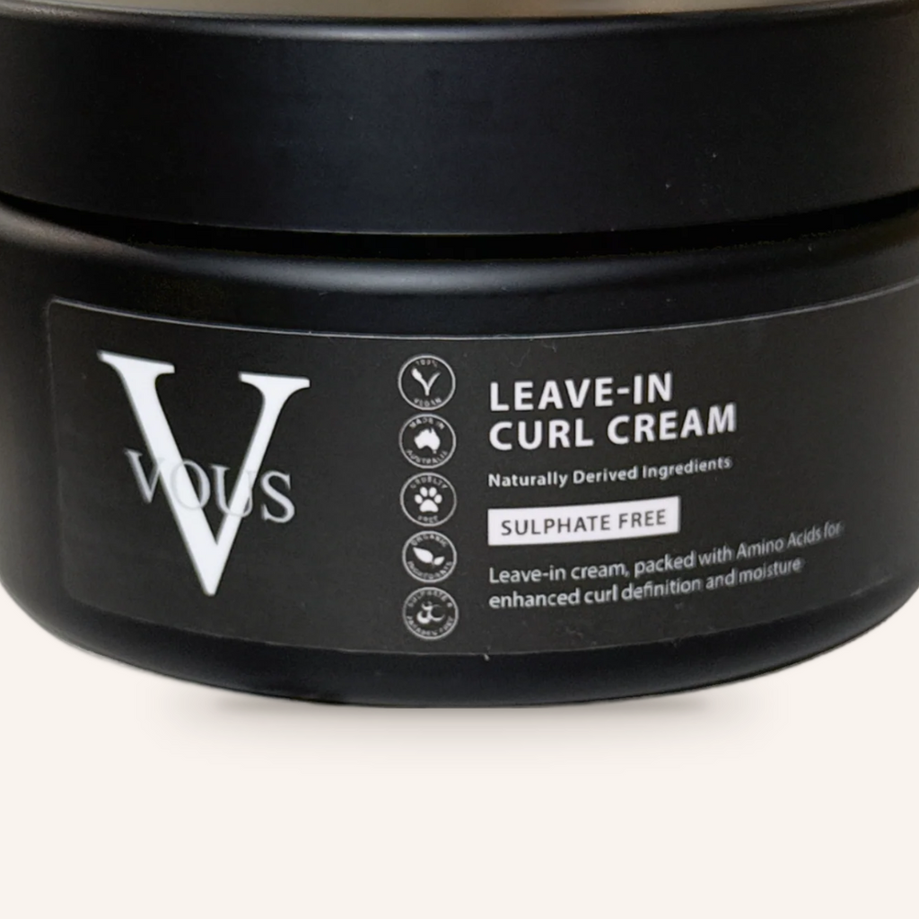 Close-up of the Vous Care Leave-In Curl Cream label