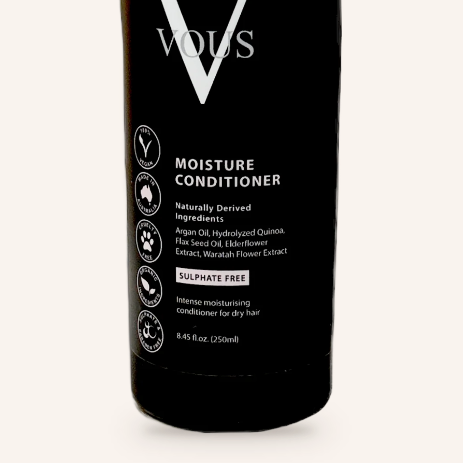 Close-up of the Vous Care Moisture Conditioner label