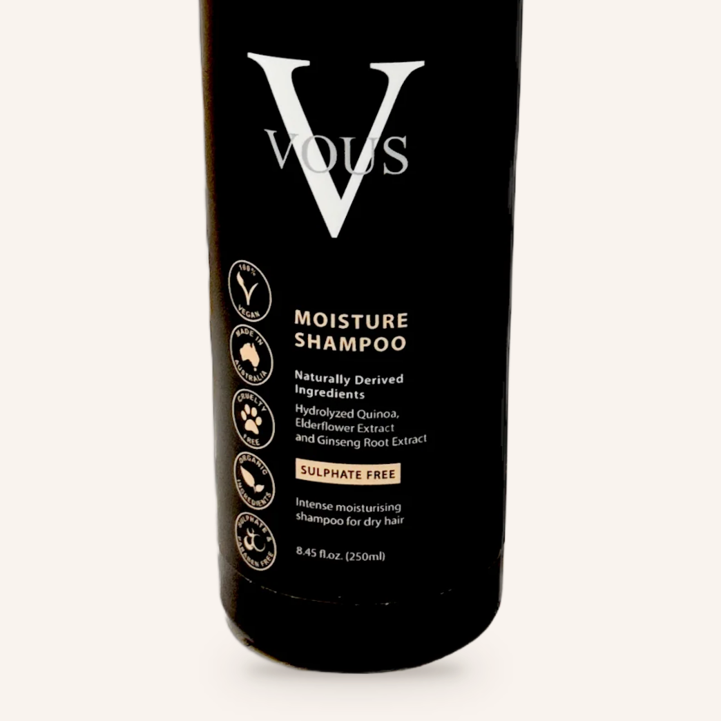 Close-up of the Vous Care Moisture Shampoo label