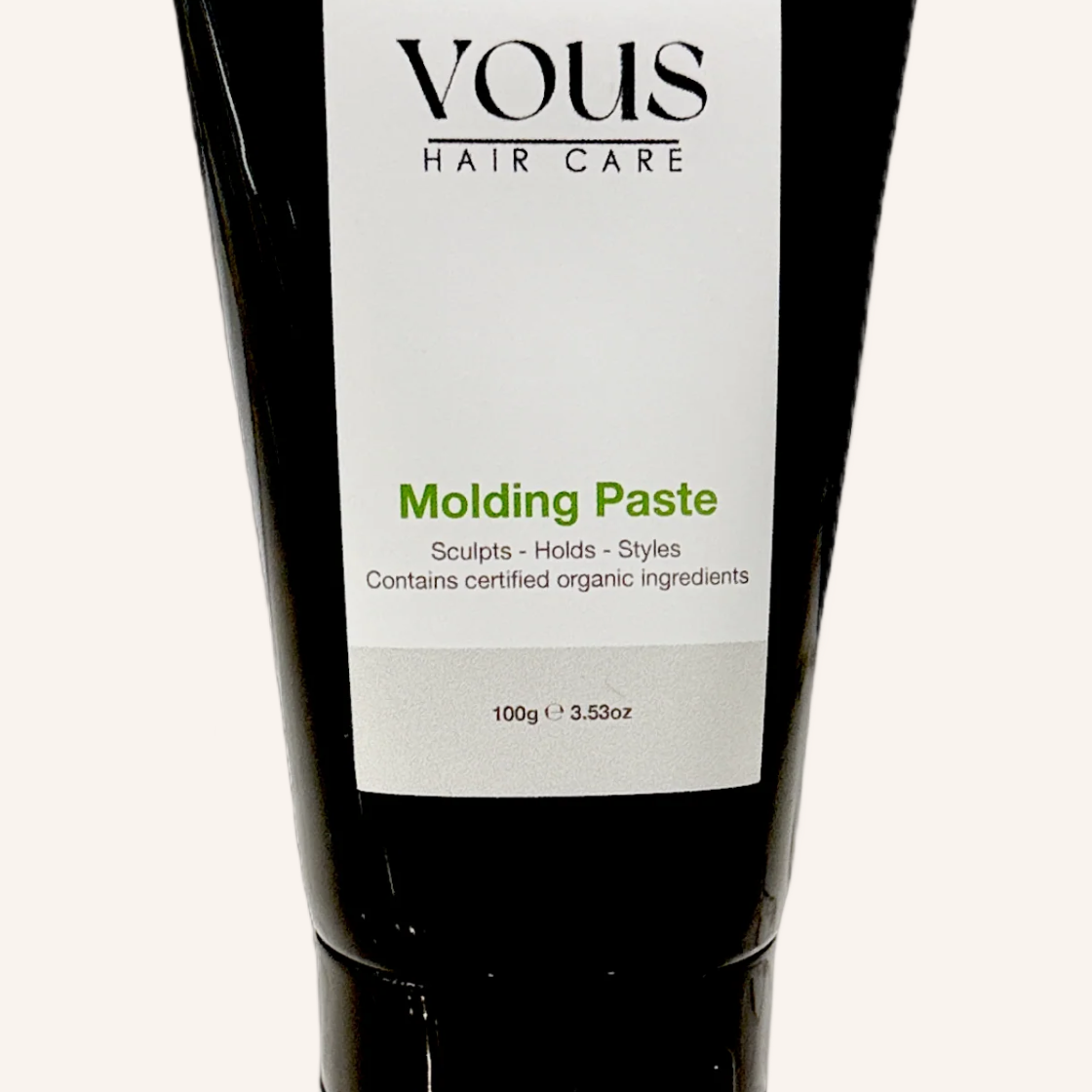 Close-up of the Vous Care Molding Paste label