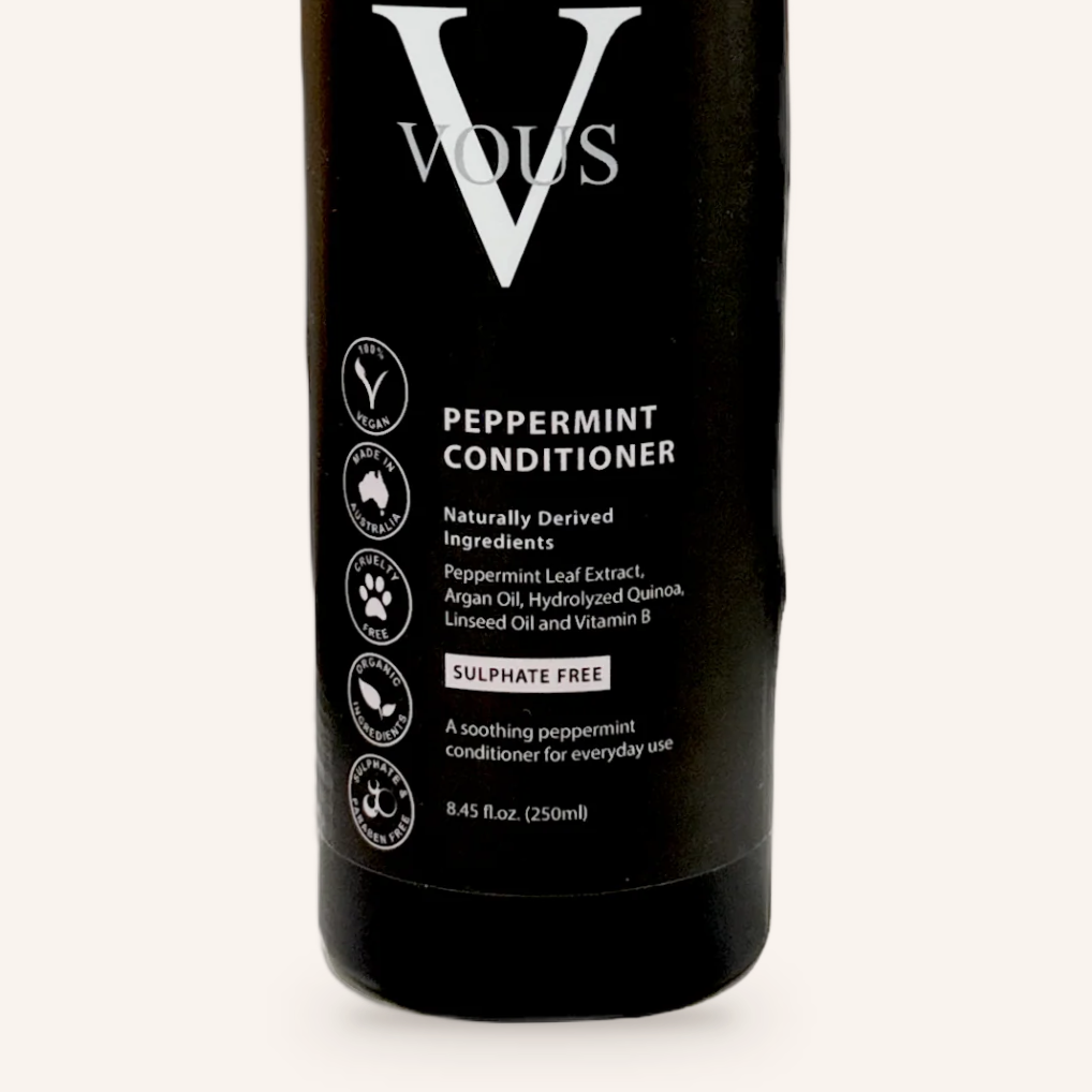 Close-up of the Vous Care Peppermint Conditioner label