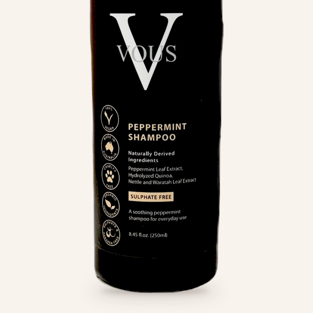 Close-up of the Vous Care Peppermint Shampoo label