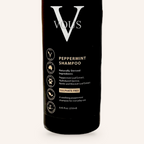 Close-up of the Vous Care Peppermint Shampoo label