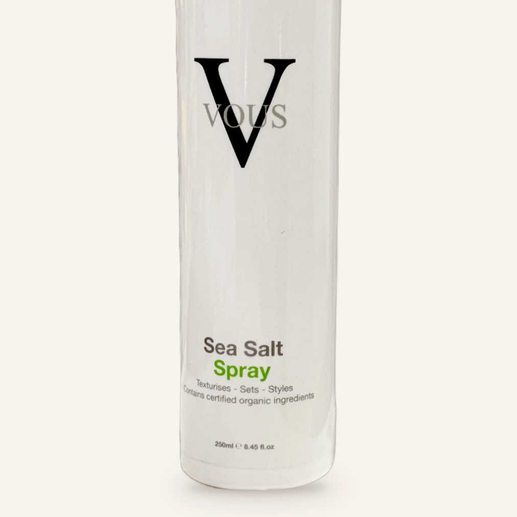 Close-up of the Vous Care Sea Salt Spray label