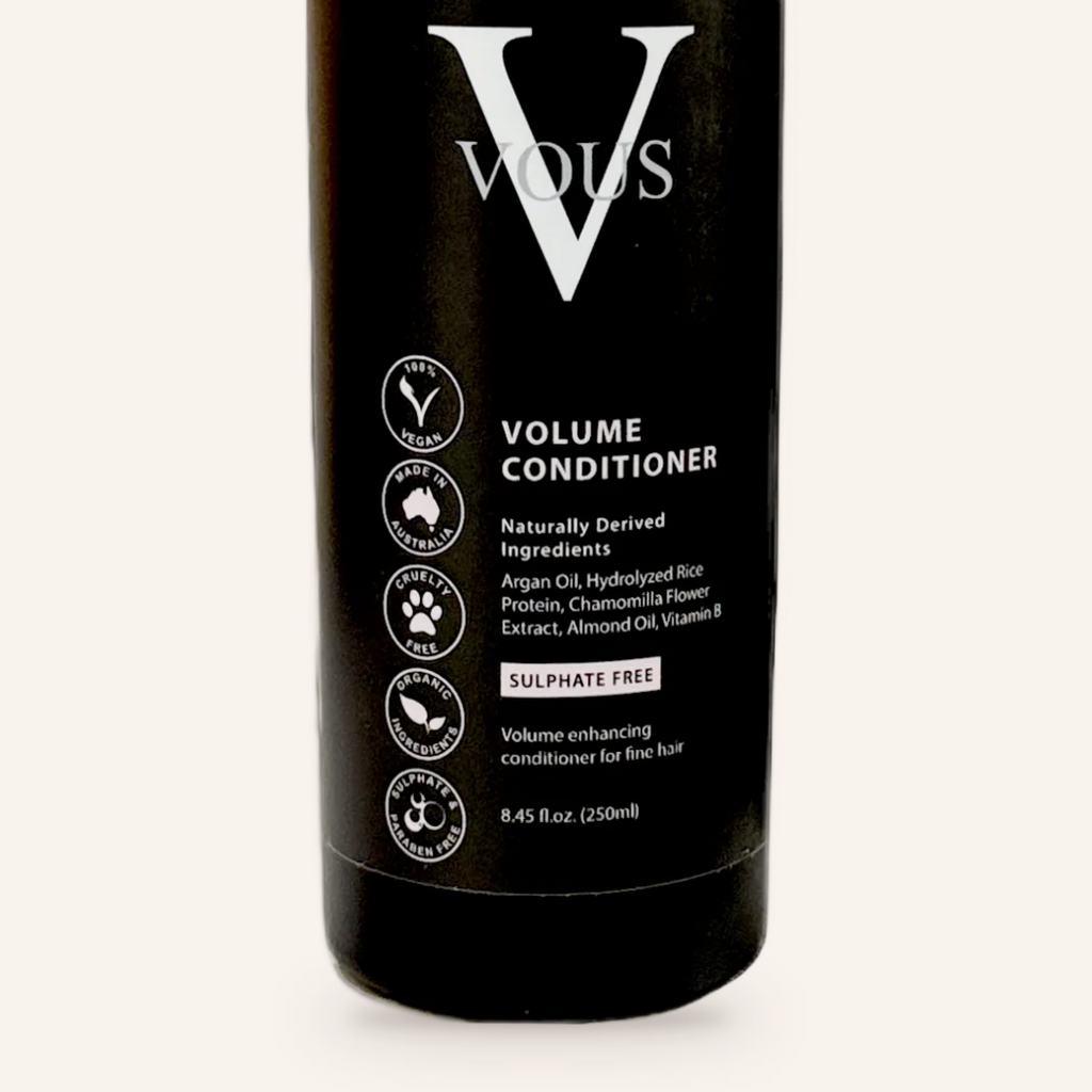 Close-up of the Vous Care Volume Conditioner label