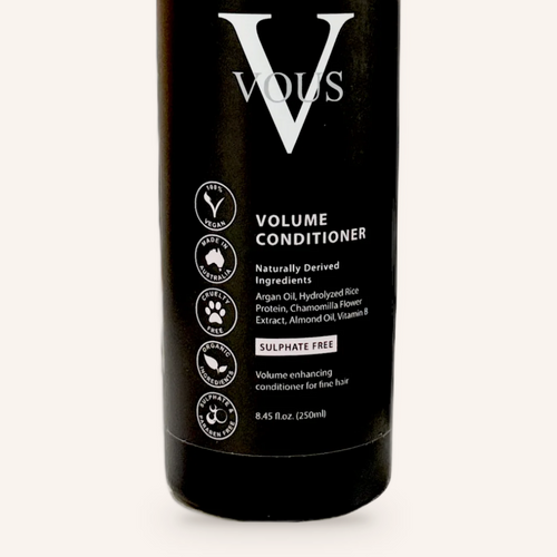 Close-up of the Vous Care Volume Conditioner label