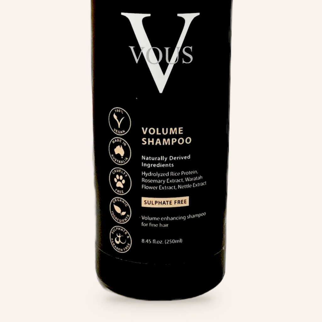 Close-up of the Vous Care Volume Shampoo label
