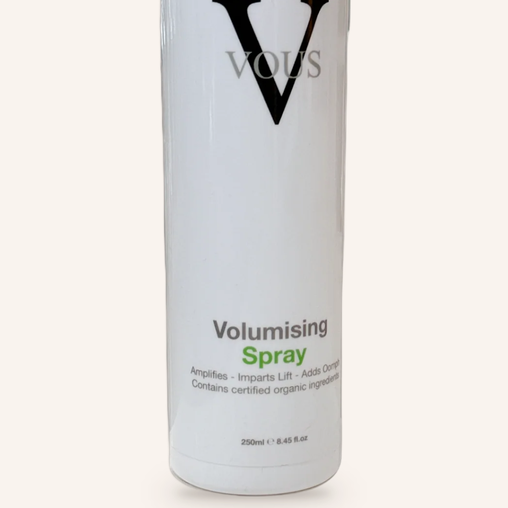 Close-up of the Vous Care Volumising Spray label